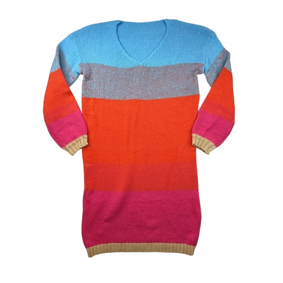Dresses & Skirts - Striped V Neck Long Sleeve Knit Sweater Dress Women's Size Large bright cozy